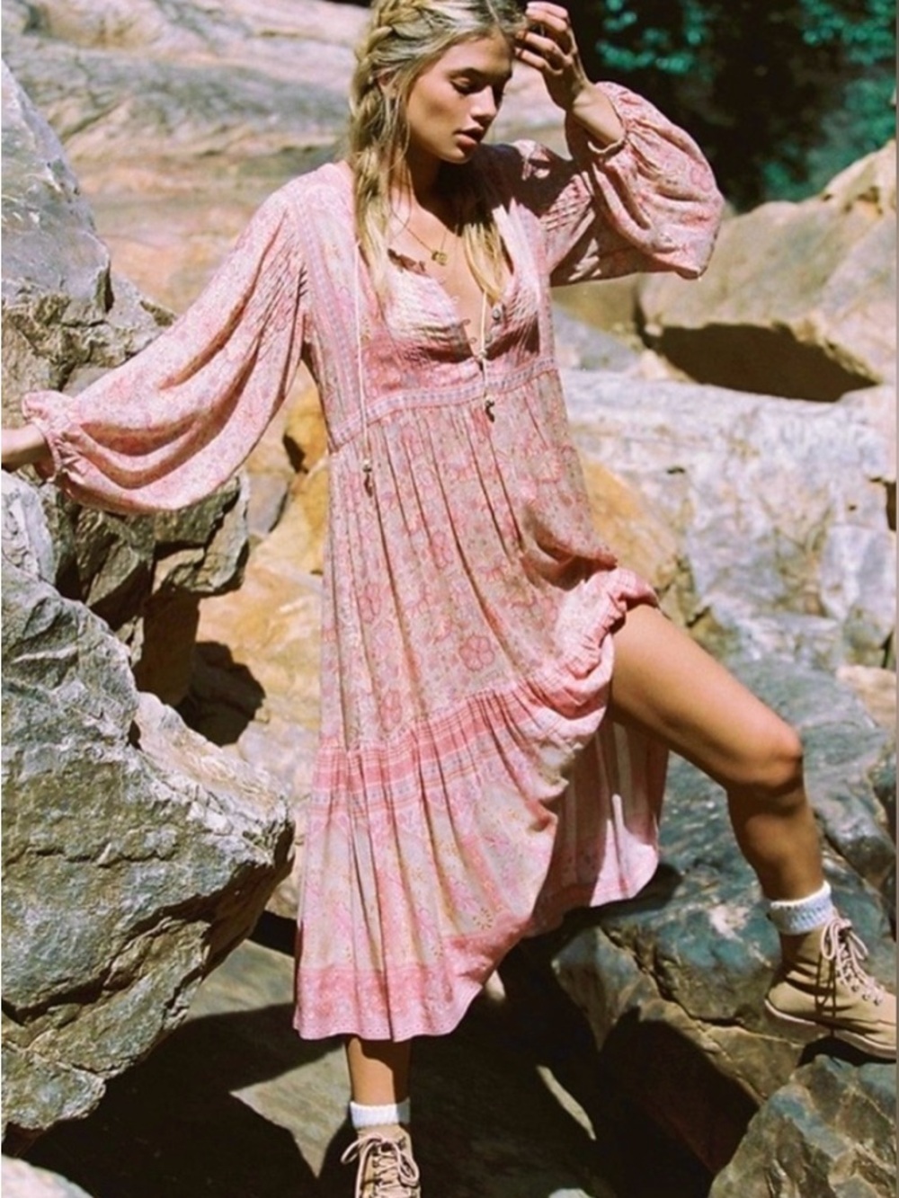 Spell & The Gypsy Collective Poinciana Midi Dress in Cotton Candy Pink Floral